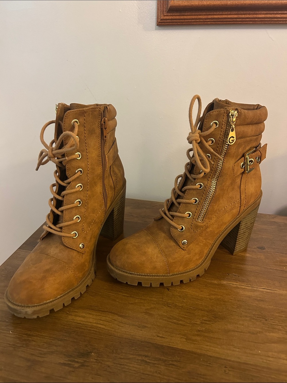 G by Guess Tan Lace-Up Chunky Heel Ankle Boots